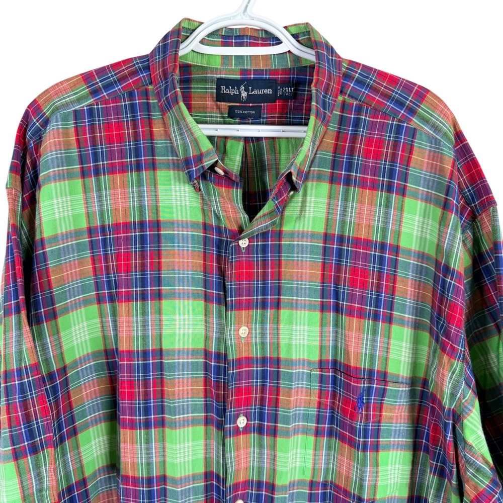 Ralph Lauren Madras Button Down Shirt Mens 2XLT Green Red Plaid Short Sleeve